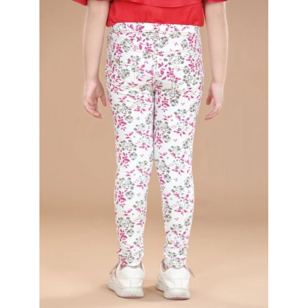 HamariDookan Girl's Cotton Lycra Floral Elasticated Jeggings (White-Pink)