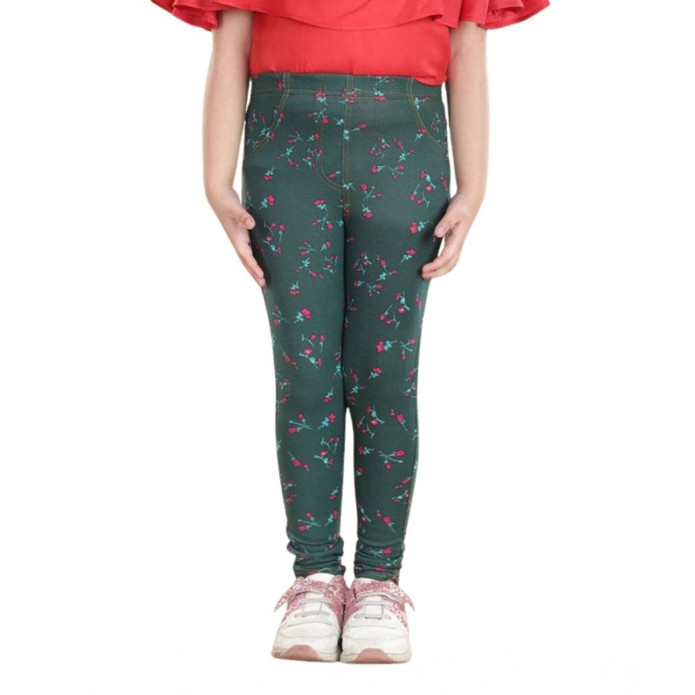 HamariDookan Girl's Cotton Lycra Floral Elasticated Jeggings (Bottle Green)