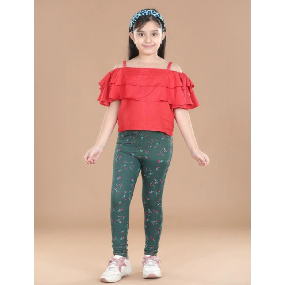 HamariDookan Girl's Cotton Lycra Floral Elasticated Jeggings (Bottle Green)