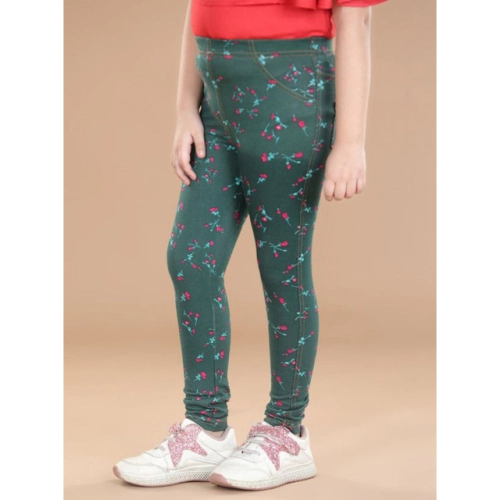 HamariDookan Girl's Cotton Lycra Floral Elasticated Jeggings (Bottle Green)