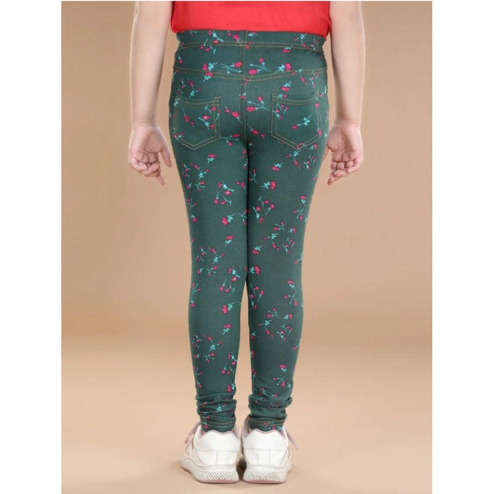 HamariDookan Girl's Cotton Lycra Floral Elasticated Jeggings (Bottle Green)