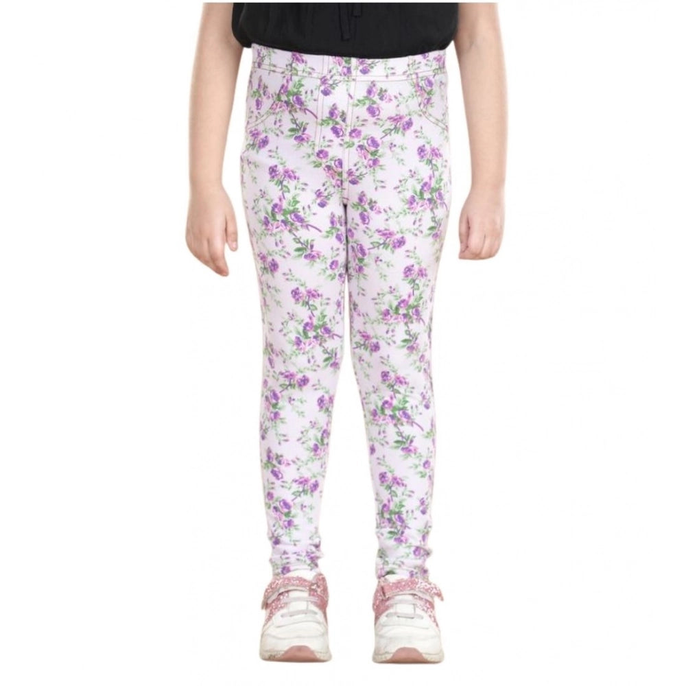 HamariDookan Girl's Cotton Lycra Floral Elasticated Jeggings (Lavender)