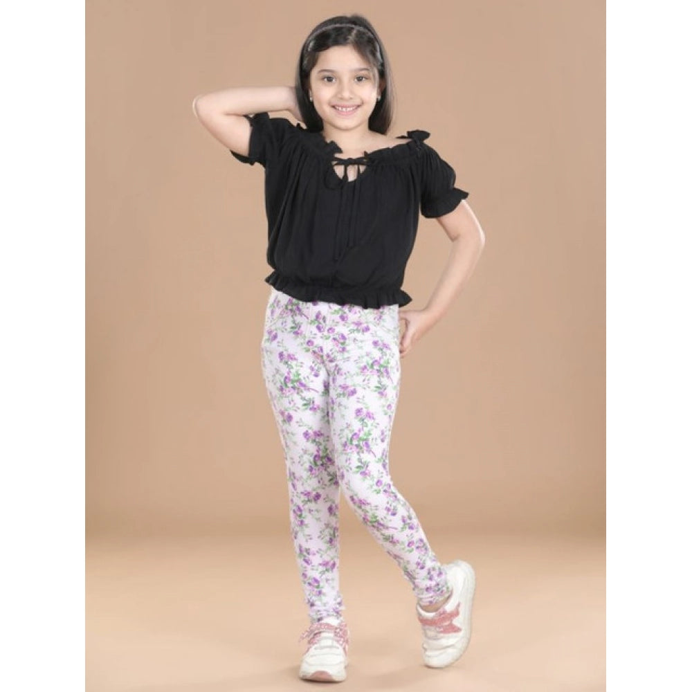 HamariDookan Girl's Cotton Lycra Floral Elasticated Jeggings (Lavender)