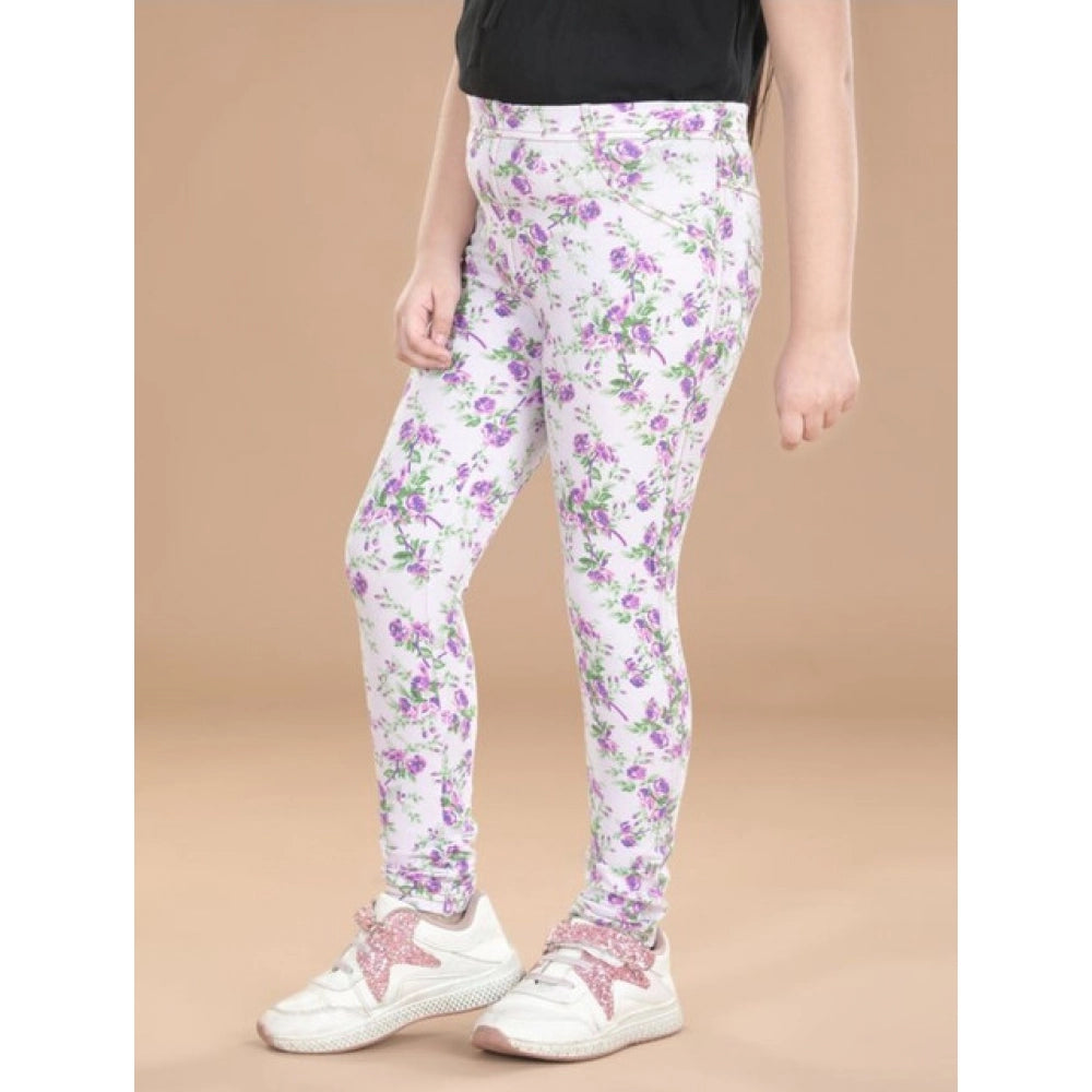 HamariDookan Girl's Cotton Lycra Floral Elasticated Jeggings (Lavender)
