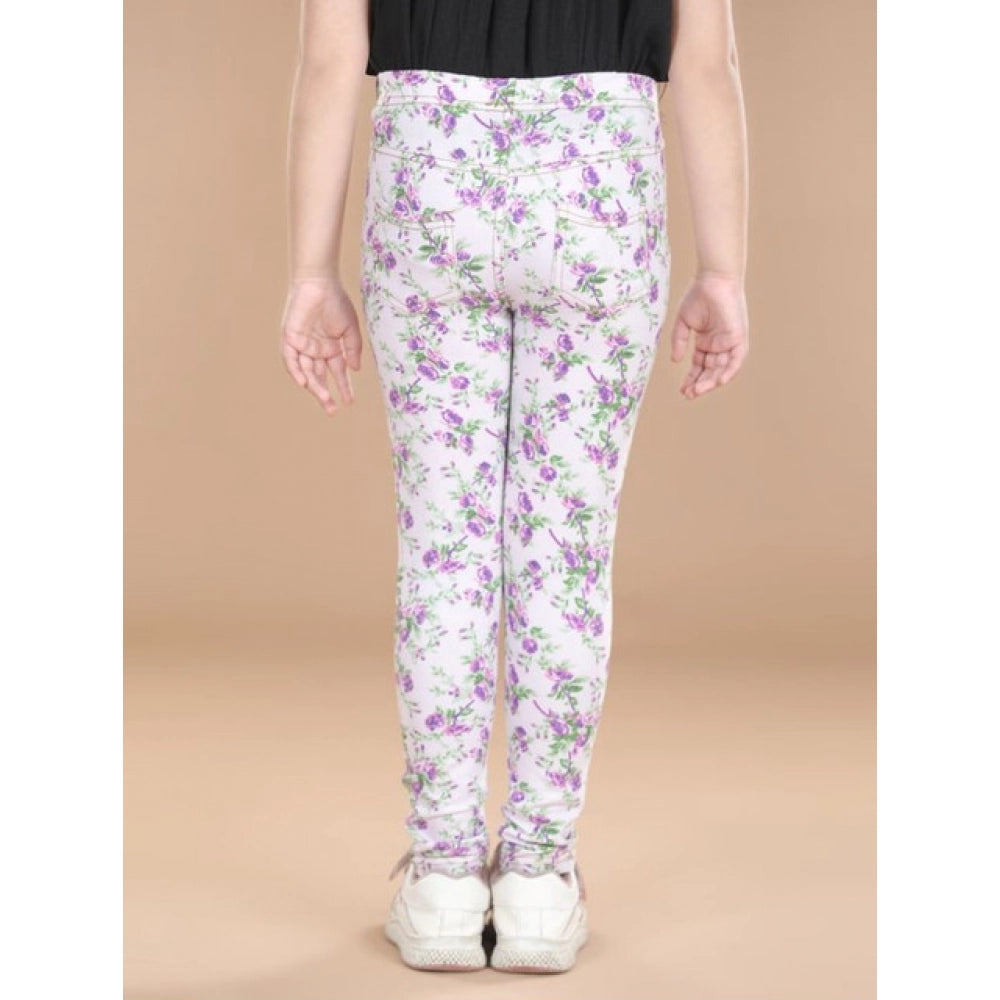 HamariDookan Girl's Cotton Lycra Floral Elasticated Jeggings (Lavender)