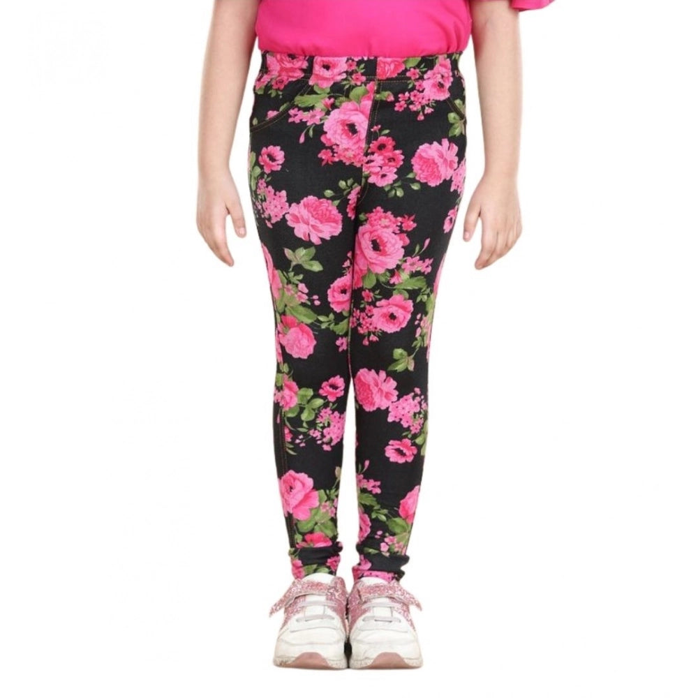 HamariDookan Girl's Cotton Lycra Floral Elasticated Jeggings (Black-Pink)