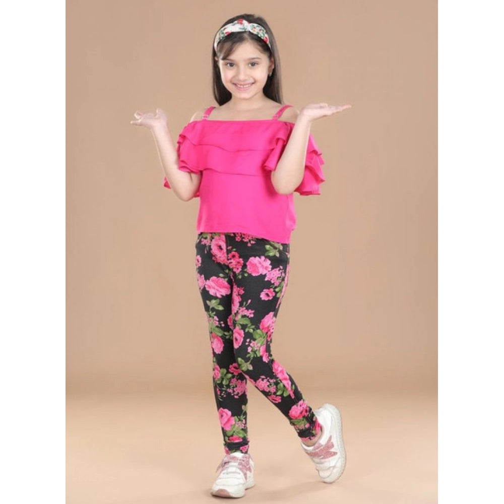 HamariDookan Girl's Cotton Lycra Floral Elasticated Jeggings (Black-Pink)