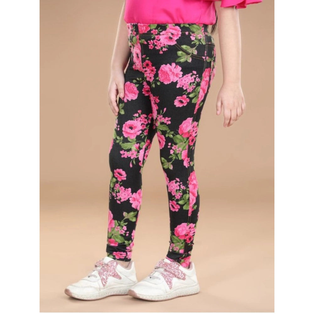 HamariDookan Girl's Cotton Lycra Floral Elasticated Jeggings (Black-Pink)