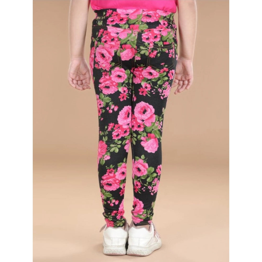 HamariDookan Girl's Cotton Lycra Floral Elasticated Jeggings (Black-Pink)