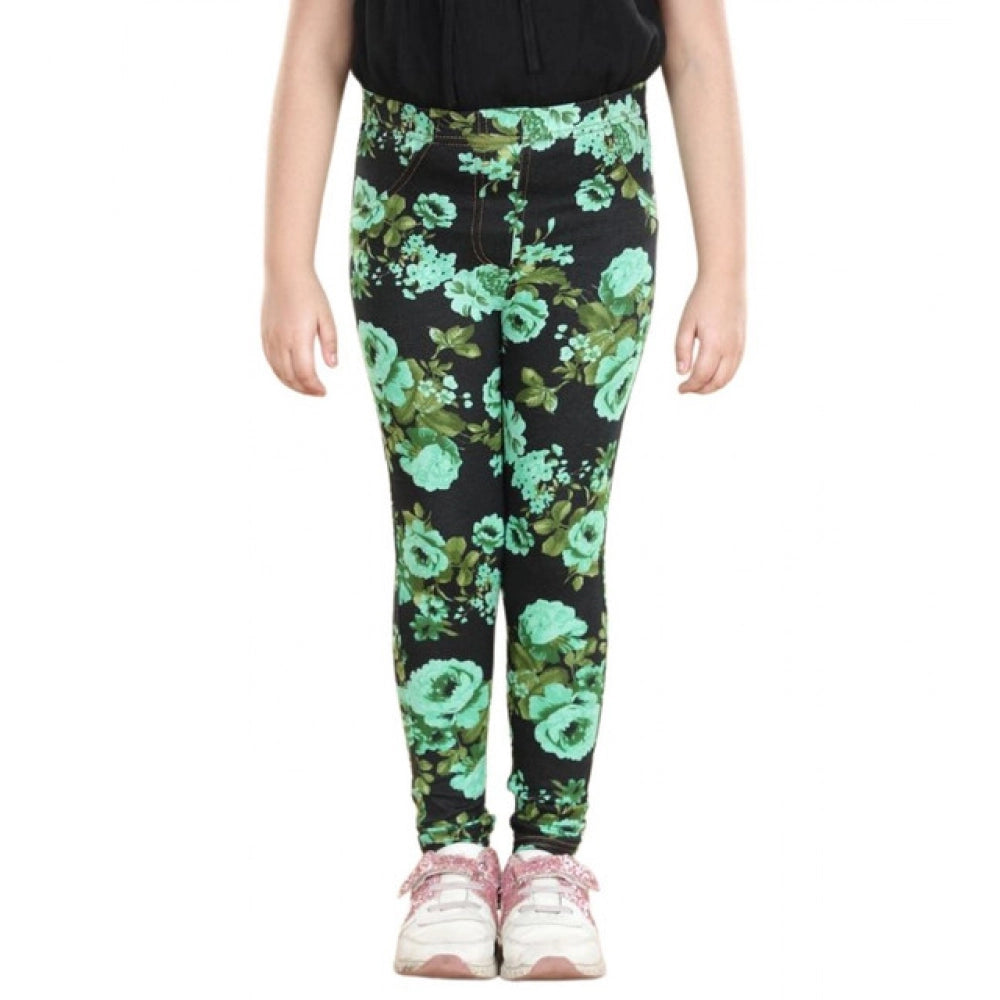 HamariDookan Girl's Cotton Lycra Floral Elasticated Jeggings (Black-Green)