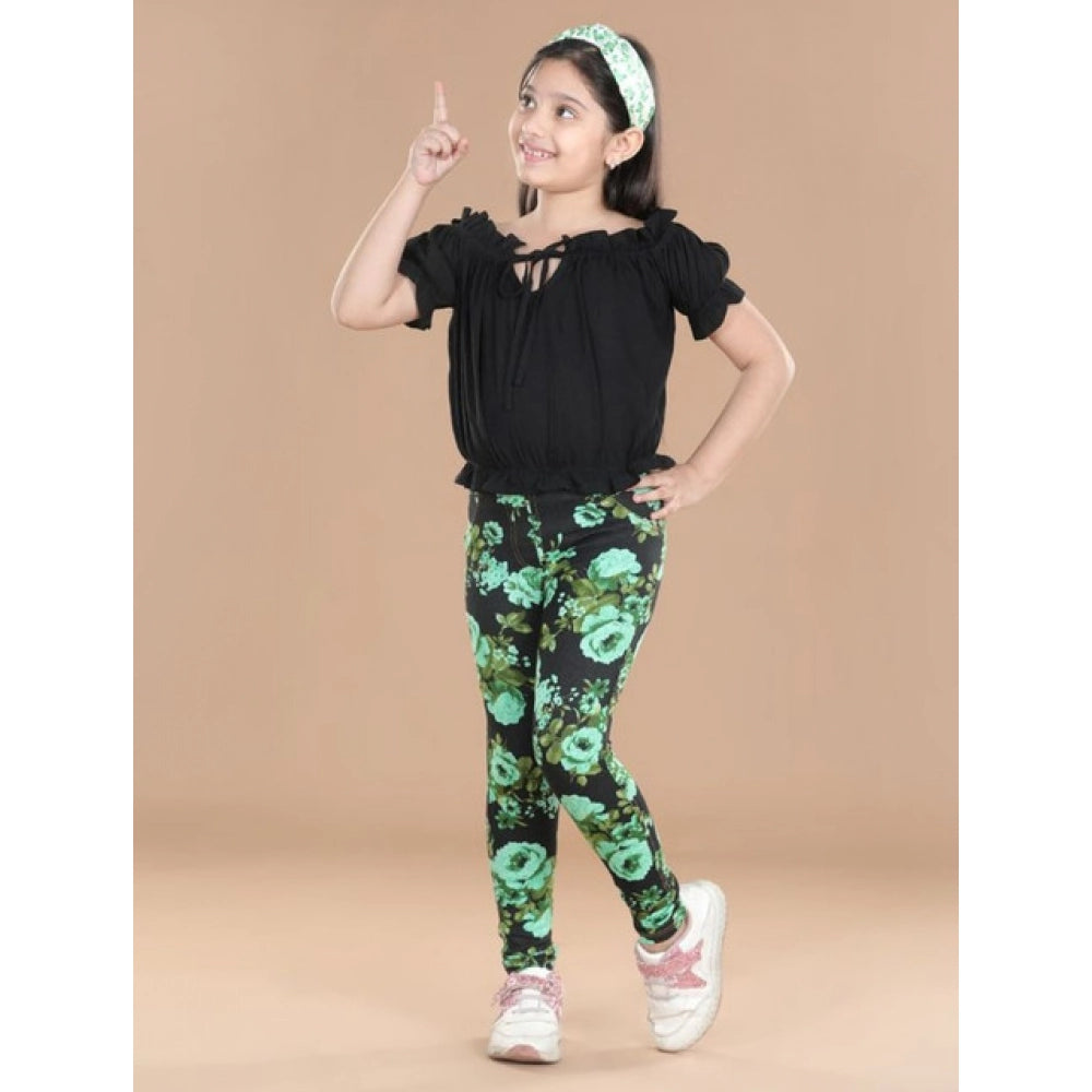 HamariDookan Girl's Cotton Lycra Floral Elasticated Jeggings (Black-Green)