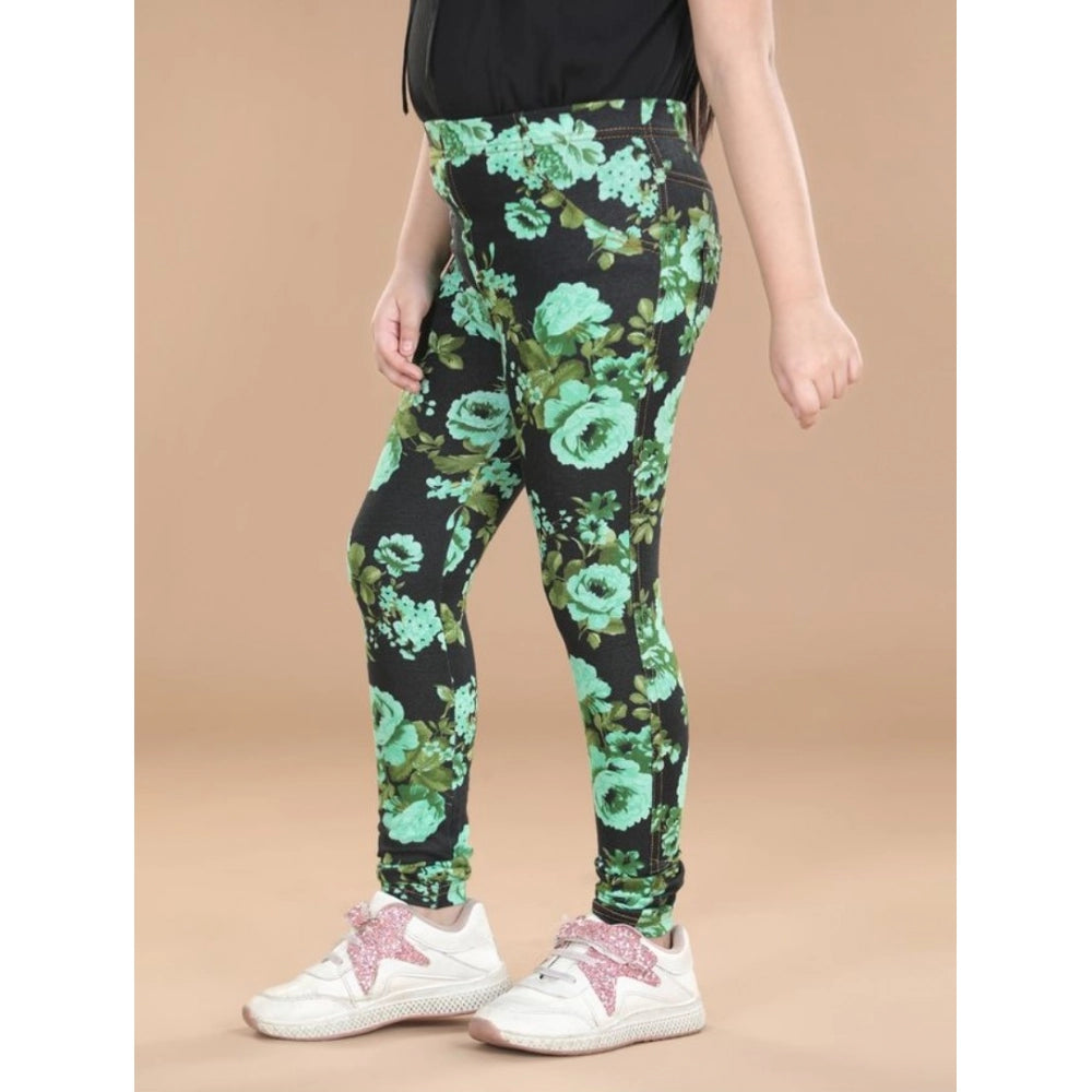 HamariDookan Girl's Cotton Lycra Floral Elasticated Jeggings (Black-Green)