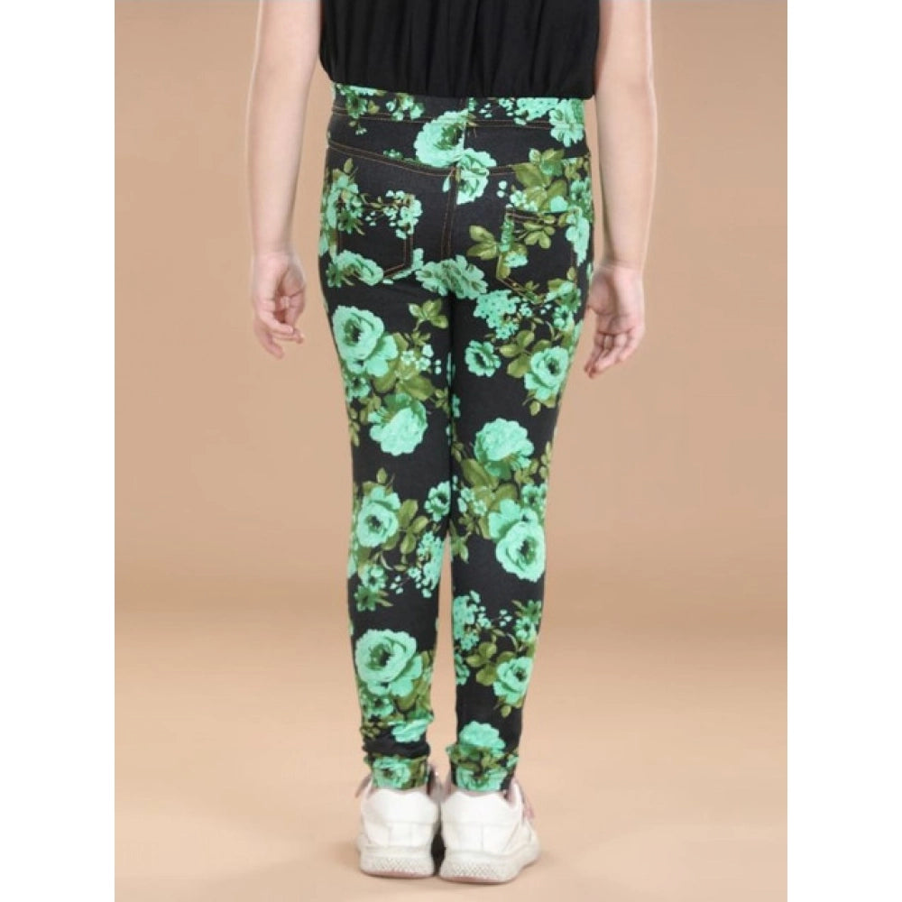 HamariDookan Girl's Cotton Lycra Floral Elasticated Jeggings (Black-Green)