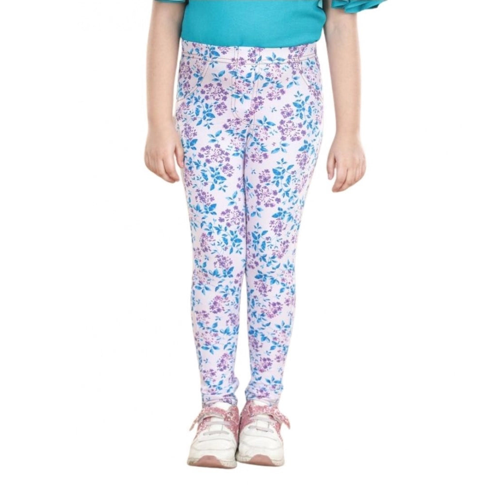 HamariDookan Girl's Cotton Lycra Floral Elasticated Jeggings (White-Turquoise Blue)