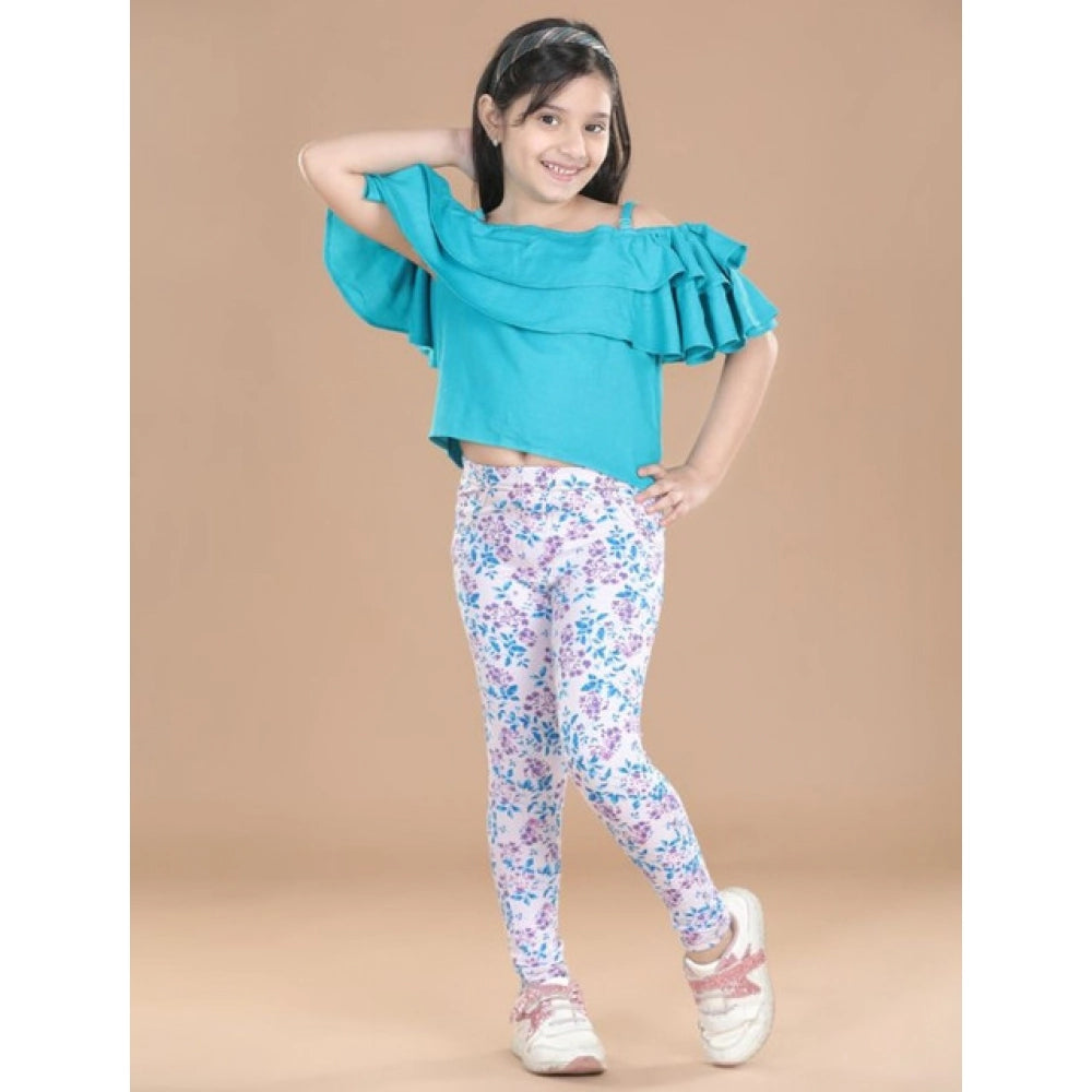 HamariDookan Girl's Cotton Lycra Floral Elasticated Jeggings (White-Turquoise Blue)