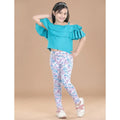 HamariDookan Girl's Cotton Lycra Floral Elasticated Jeggings (White-Turquoise Blue)