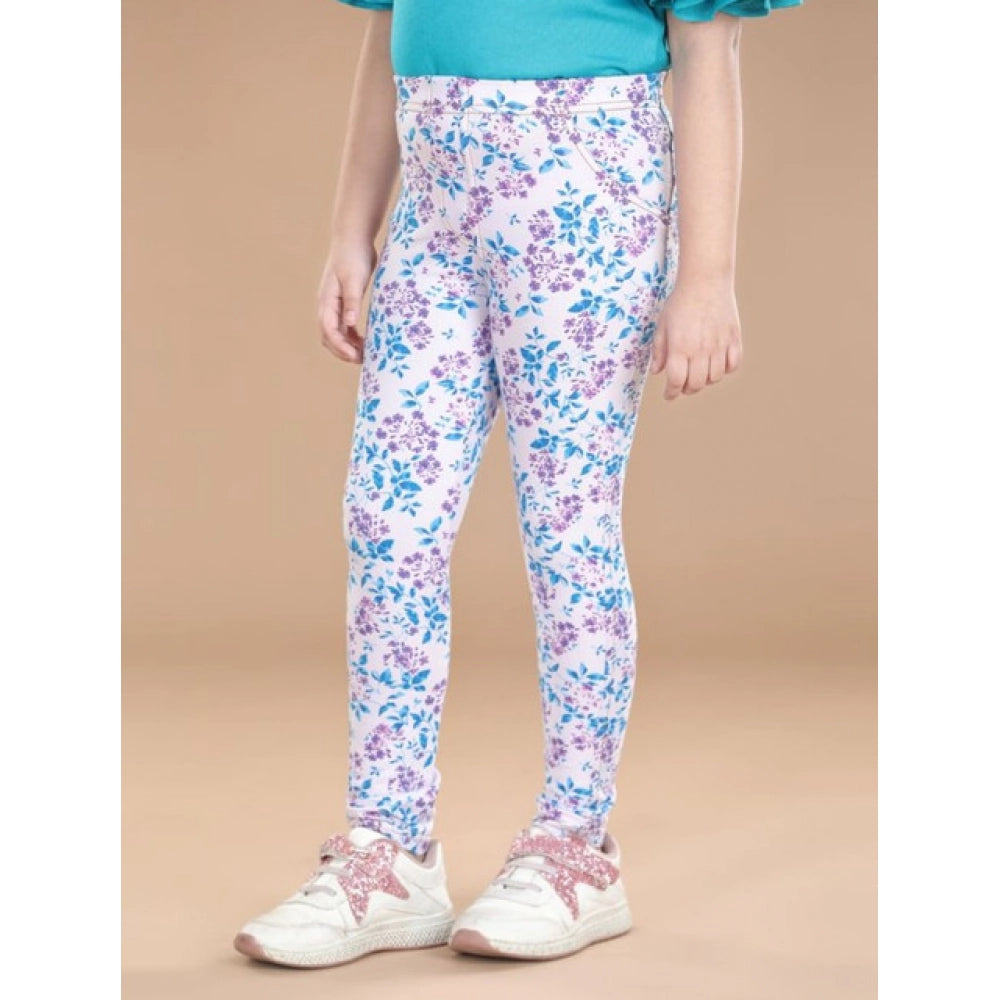 HamariDookan Girl's Cotton Lycra Floral Elasticated Jeggings (White-Turquoise Blue)