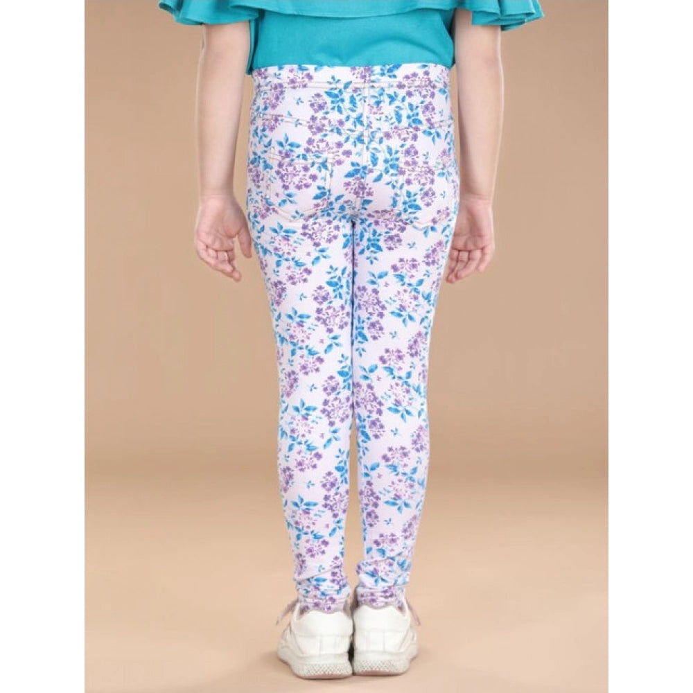 HamariDookan Girl's Cotton Lycra Floral Elasticated Jeggings (White-Turquoise Blue)