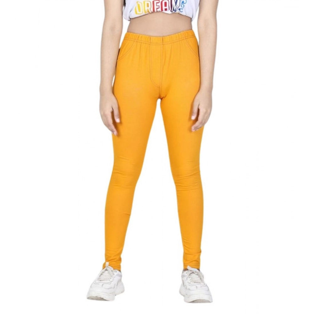 HamariDookan Girl's Cotton Lycra Solid Elasticated Jeggings (Mustard)