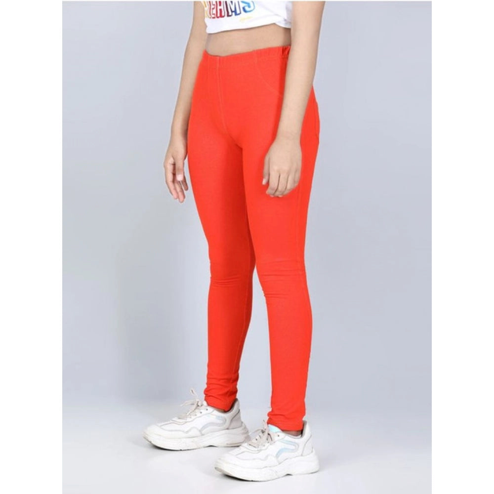 HamariDookan Girl's Cotton Lycra Solid Elasticated Jeggings (Orange)