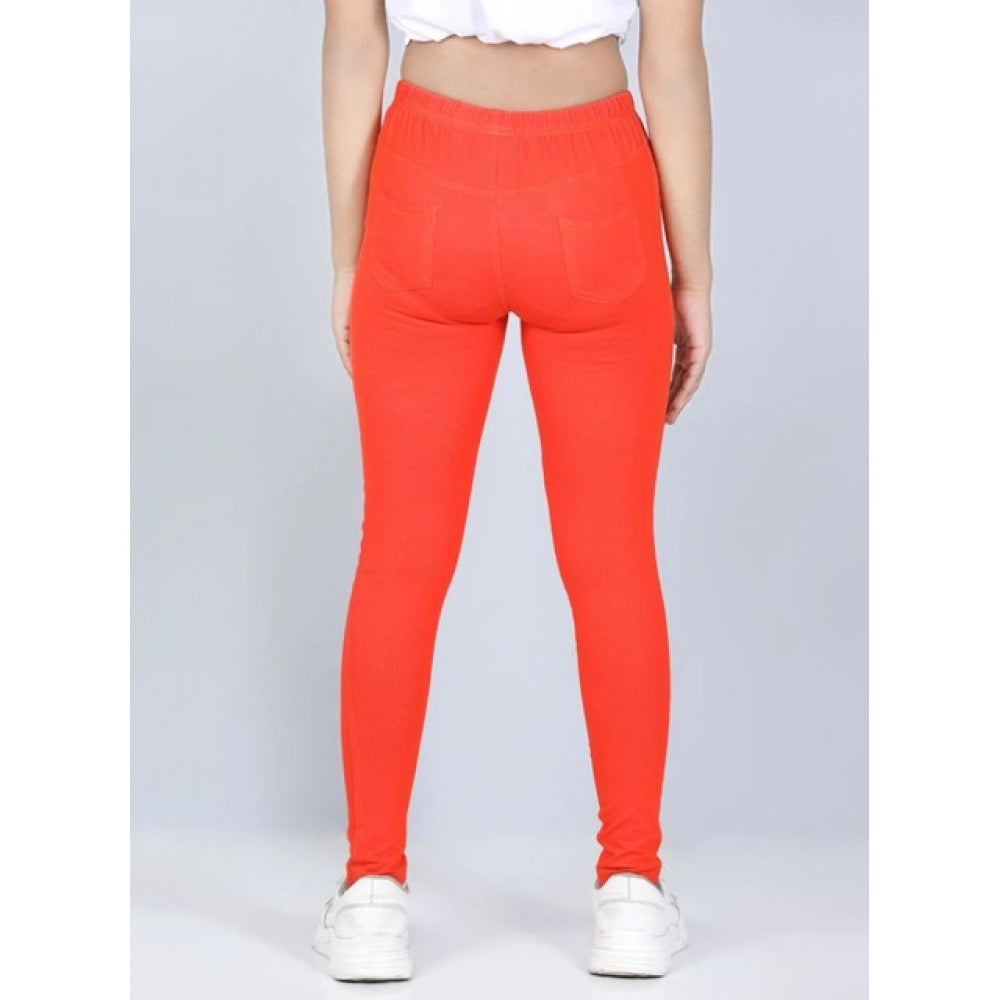 HamariDookan Girl's Cotton Lycra Solid Elasticated Jeggings (Orange)