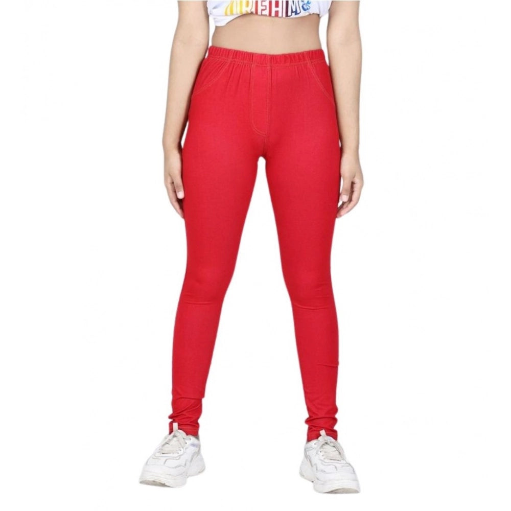 HamariDookan Girl's Cotton Lycra Solid Elasticated Jeggings (Red)