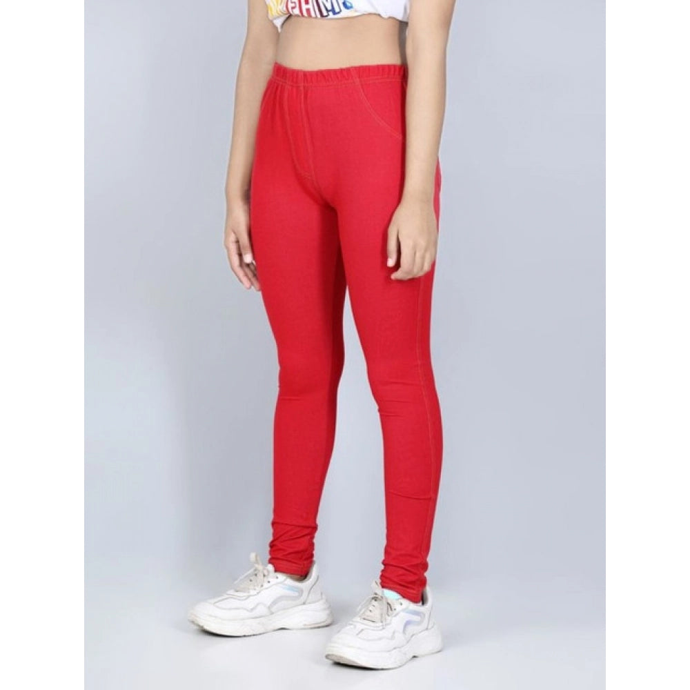 HamariDookan Girl's Cotton Lycra Solid Elasticated Jeggings (Red)