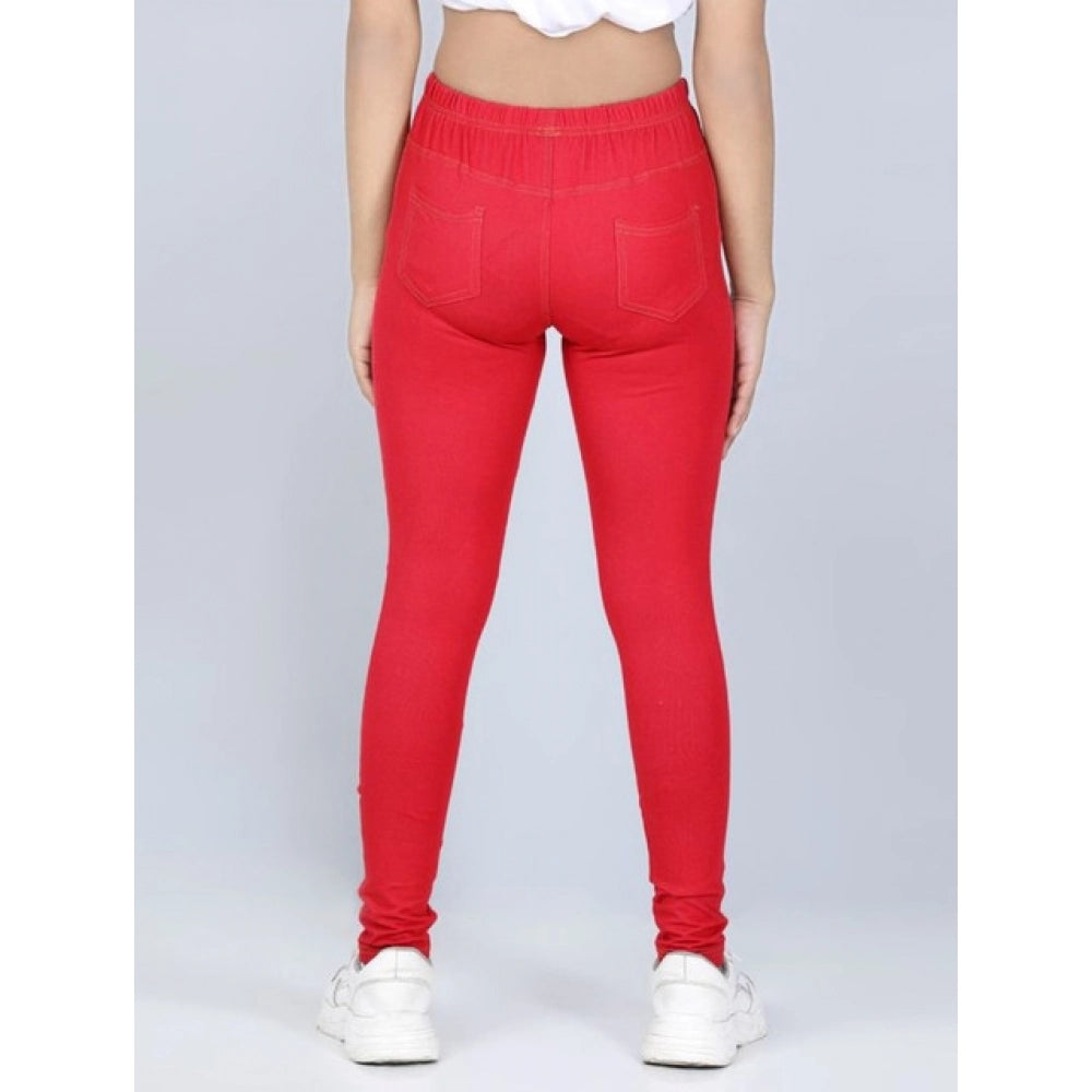 HamariDookan Girl's Cotton Lycra Solid Elasticated Jeggings (Red)