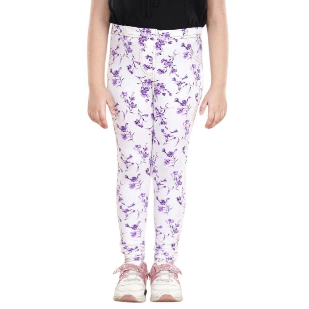HamariDookan Girl's Cotton Lycra Floral Elasticated Jeggings (White-Lavender)