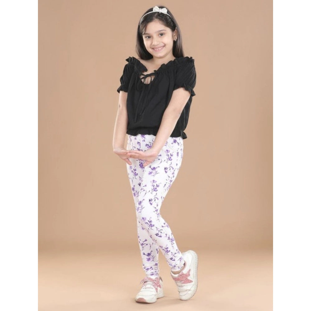 HamariDookan Girl's Cotton Lycra Floral Elasticated Jeggings (White-Lavender)