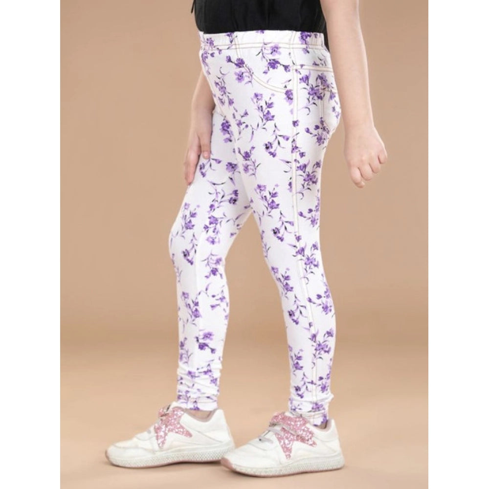 HamariDookan Girl's Cotton Lycra Floral Elasticated Jeggings (White-Lavender)