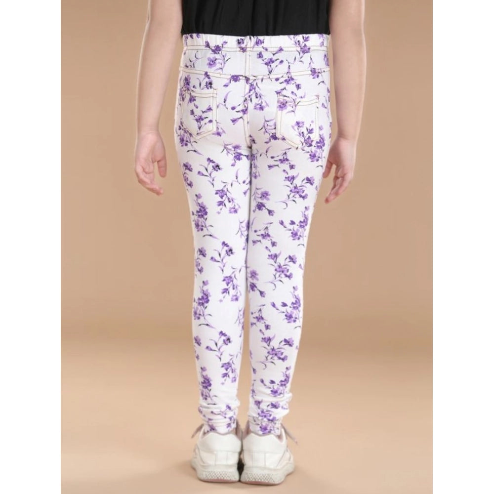 HamariDookan Girl's Cotton Lycra Floral Elasticated Jeggings (White-Lavender)