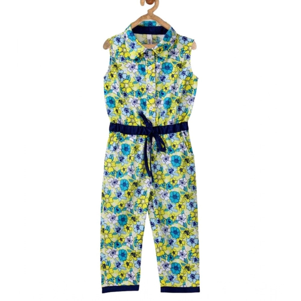 HamariDookan Girl's Cotton Floral Sleeveless Jumpsuit (Yellow)