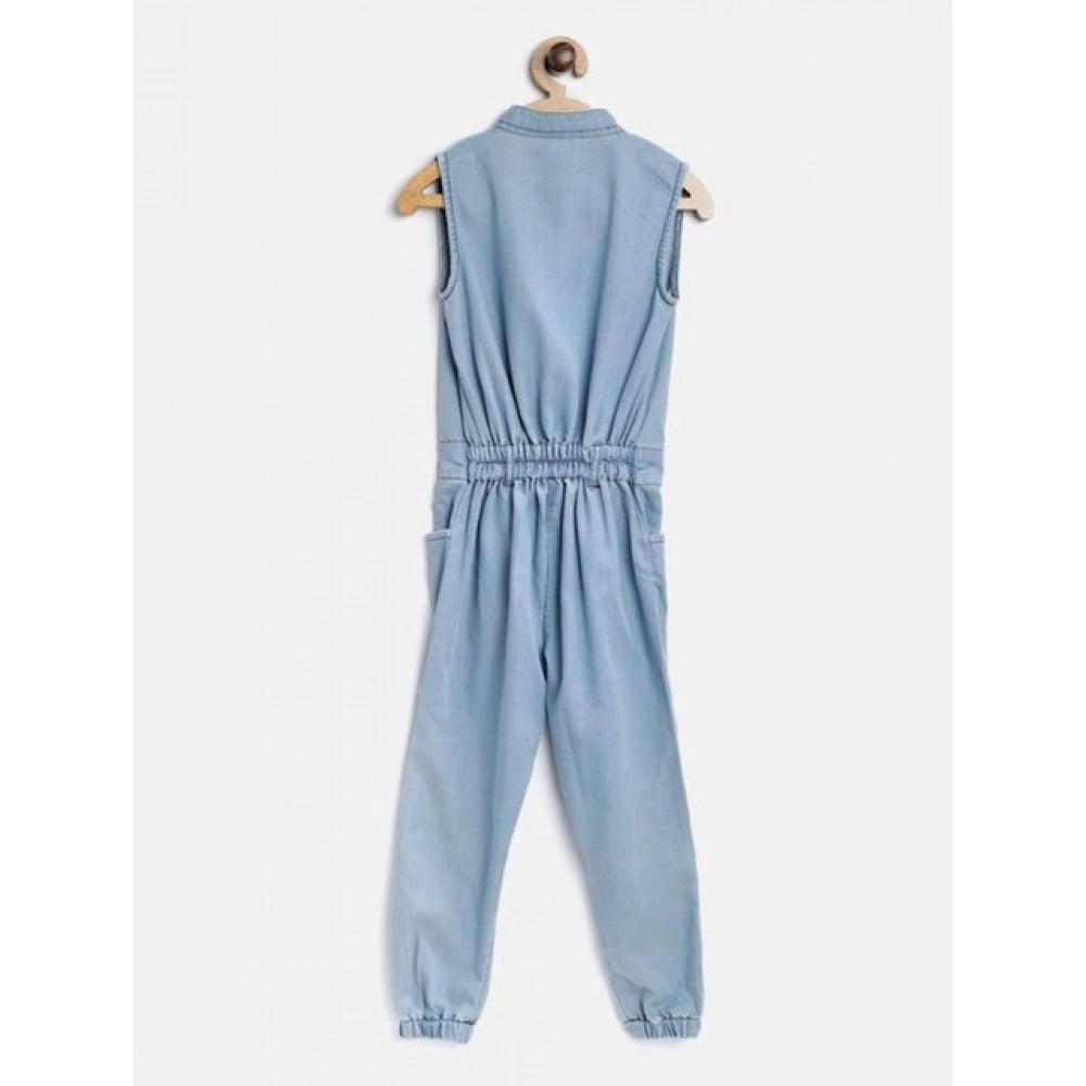 HamariDookan Girl's Denim Embellished Sleeveless Jumpsuit (Blue)