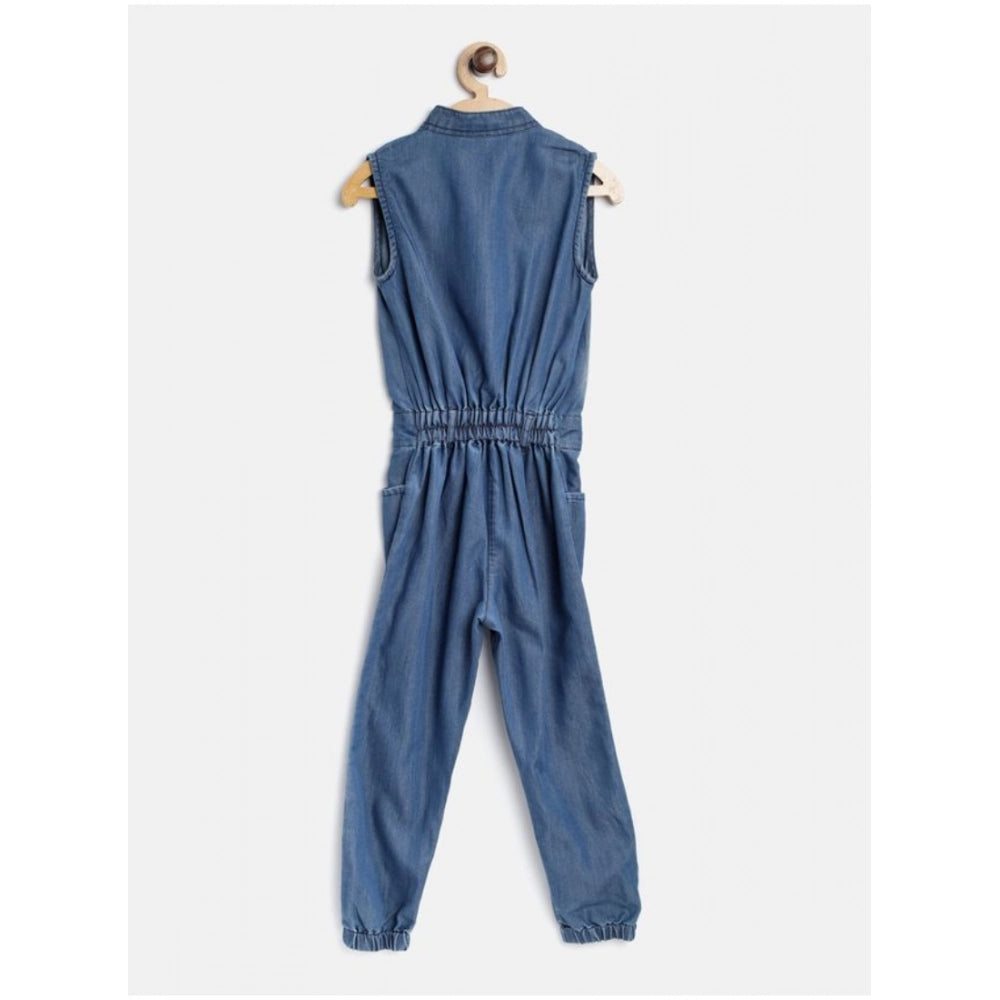 HamariDookan Girl's Denim Embellished Sleeveless Jumpsuit (Blue)