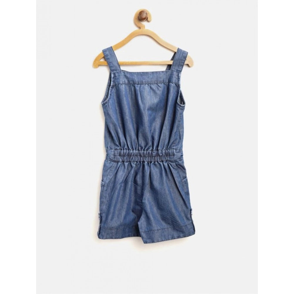 HamariDookan Girl's Denim Embroidered Sleeveless Jumpsuit (Blue)