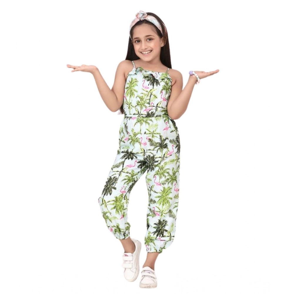 HamariDookan Girl's Denim Embroidered Sleeveless Jumpsuit (White-Green)