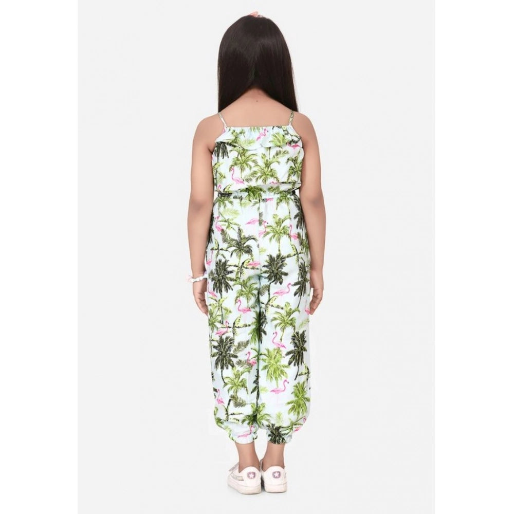 HamariDookan Girl's Denim Embroidered Sleeveless Jumpsuit (White-Green)