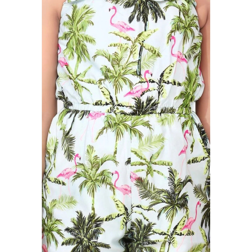 HamariDookan Girl's Denim Embroidered Sleeveless Jumpsuit (White-Green)