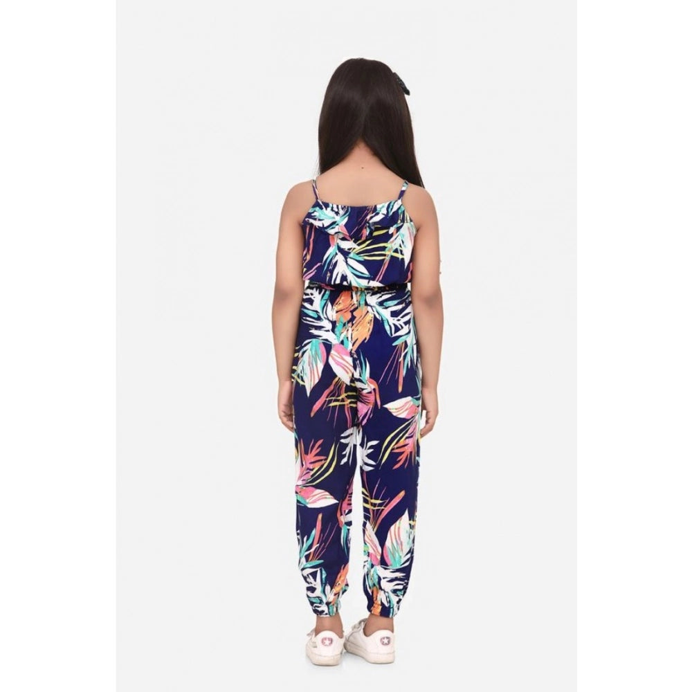HamariDookan Girl's Rayon Printed Sleeveless Jumpsuit (Blue-Multicolor)