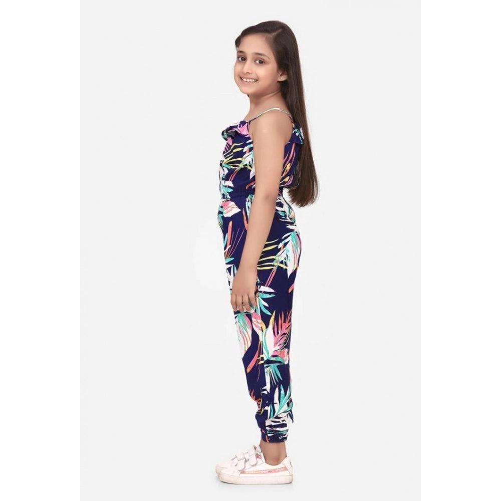 HamariDookan Girl's Rayon Printed Sleeveless Jumpsuit (Blue-Multicolor)