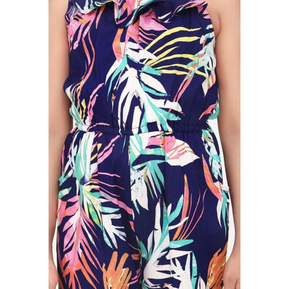 HamariDookan Girl's Rayon Printed Sleeveless Jumpsuit (Blue-Multicolor)