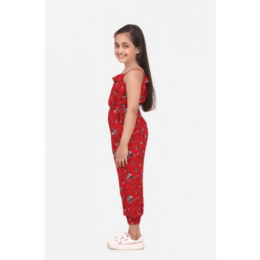 HamariDookan Girl's Rayon Floral Sleeveless Jumpsuit (Red)