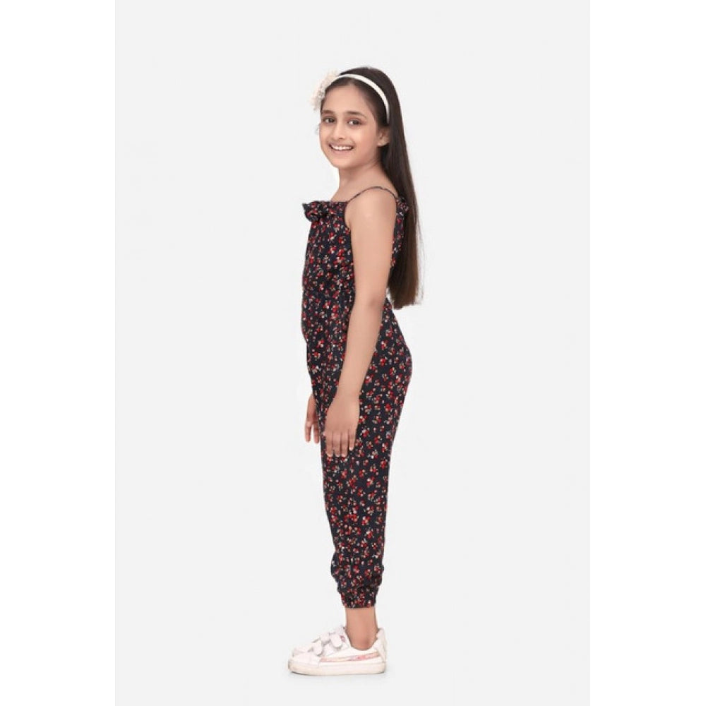 HamariDookan Girl's Rayon Floral Sleeveless Jumpsuit (Black-Red)