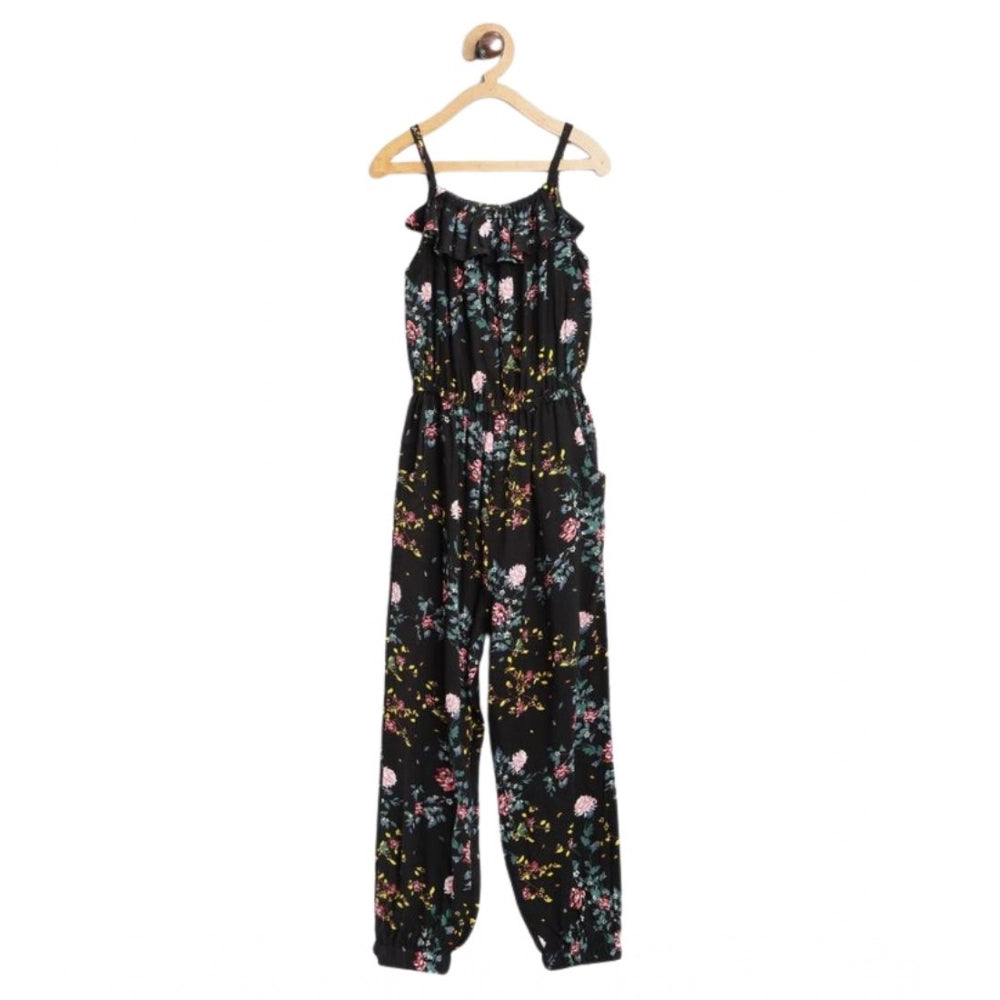HamariDookan Girl's Rayon Floral Sleeveless Jumpsuit (Black-Pink)