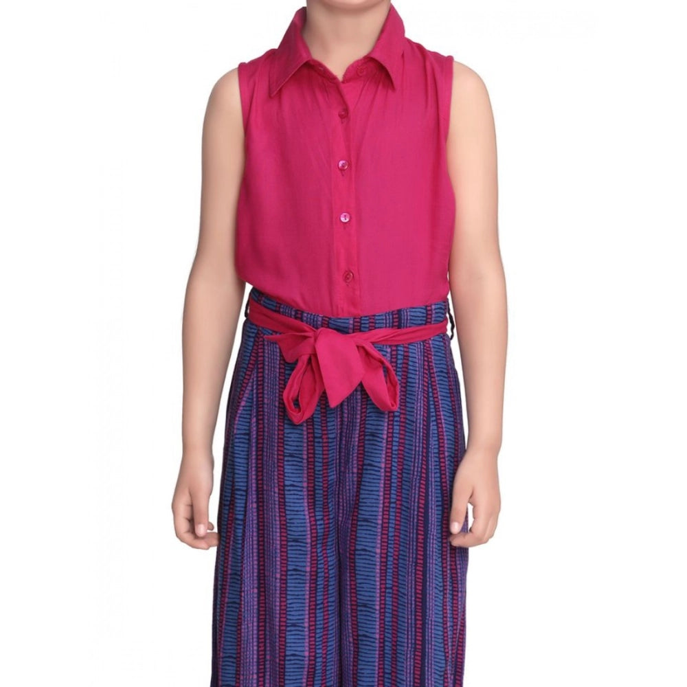 HamariDookan Girl's Rayon Colour Block Sleeveless Jumpsuit (Pink-Blue)