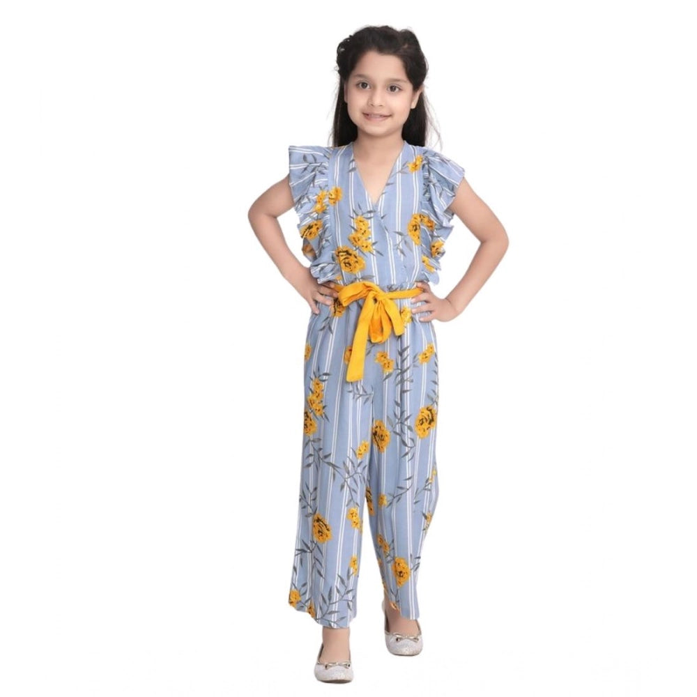 HamariDookan Girl's Rayon Floral Flutter Jumpsuit (Blue-Yellow)