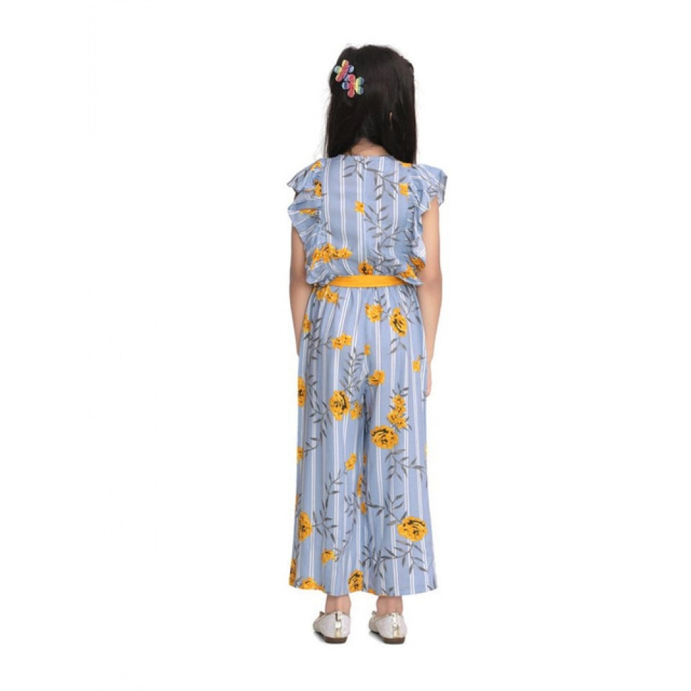 HamariDookan Girl's Rayon Floral Flutter Jumpsuit (Blue-Yellow)