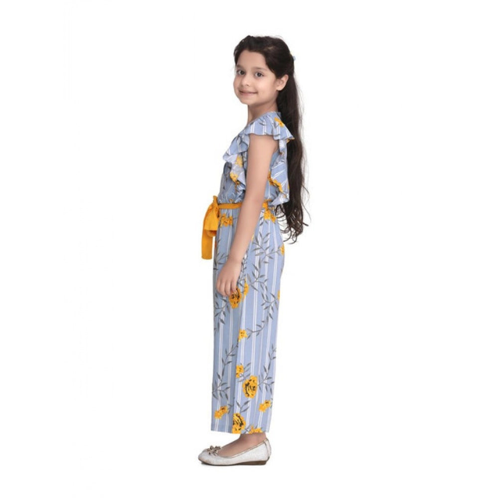 HamariDookan Girl's Rayon Floral Flutter Jumpsuit (Blue-Yellow)