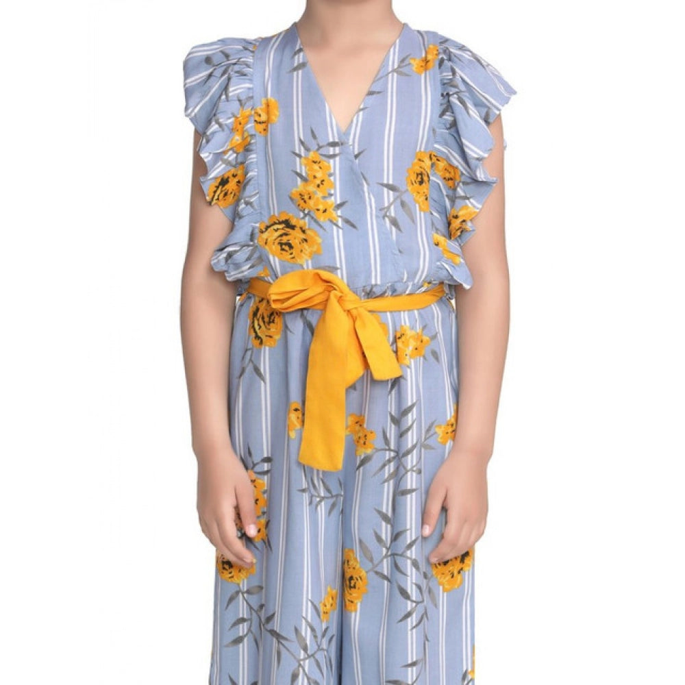 HamariDookan Girl's Rayon Floral Flutter Jumpsuit (Blue-Yellow)